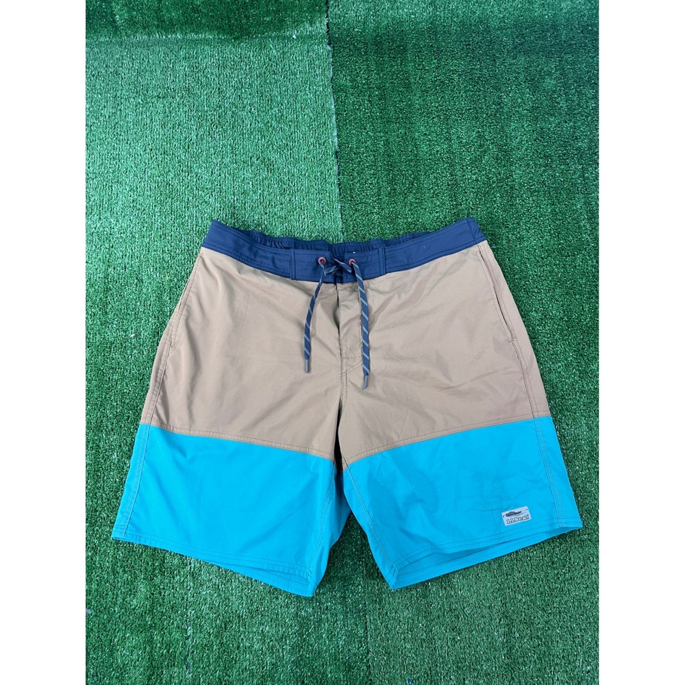 LL Bean Mens XL Colorblock Board Shorts Tan Blue Swim Trunks Mesh Lined 504175